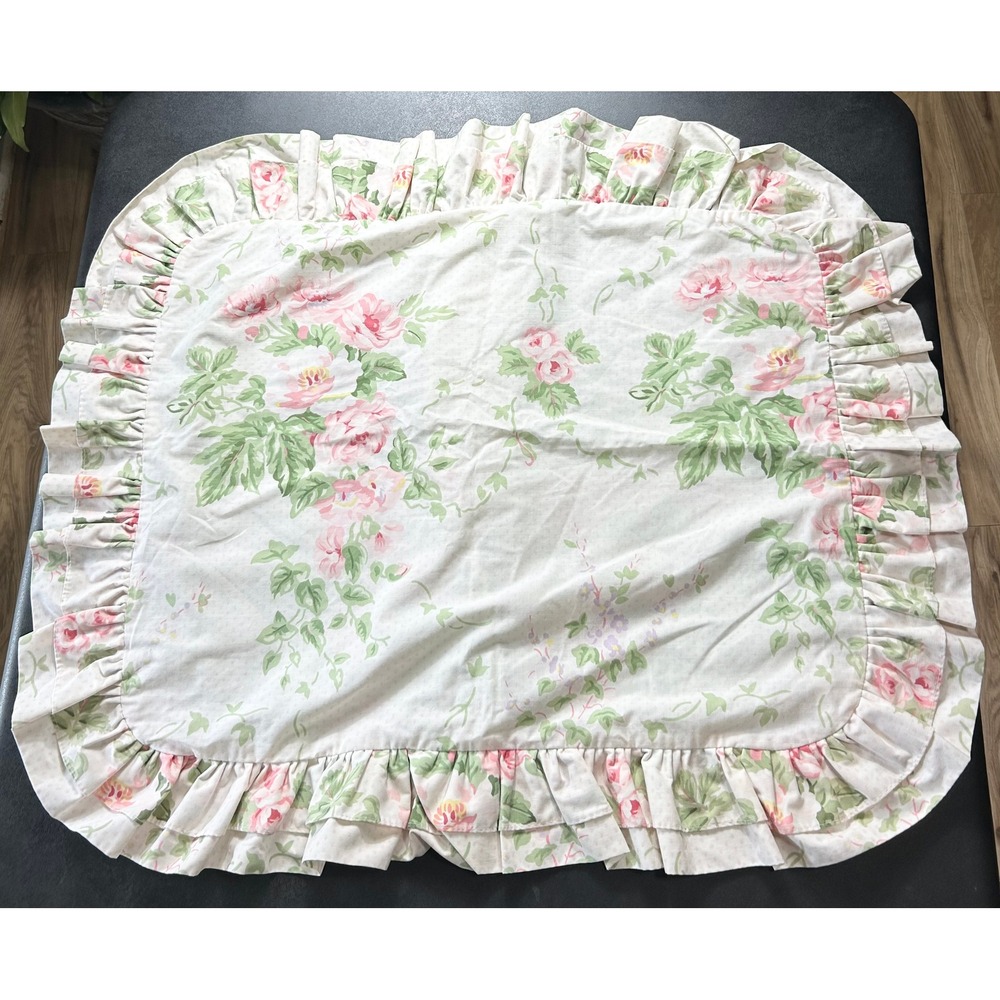 VTG Laura Ashley Pillow Sham Cream Pink Country Roses Ruffled Cottagecore USA